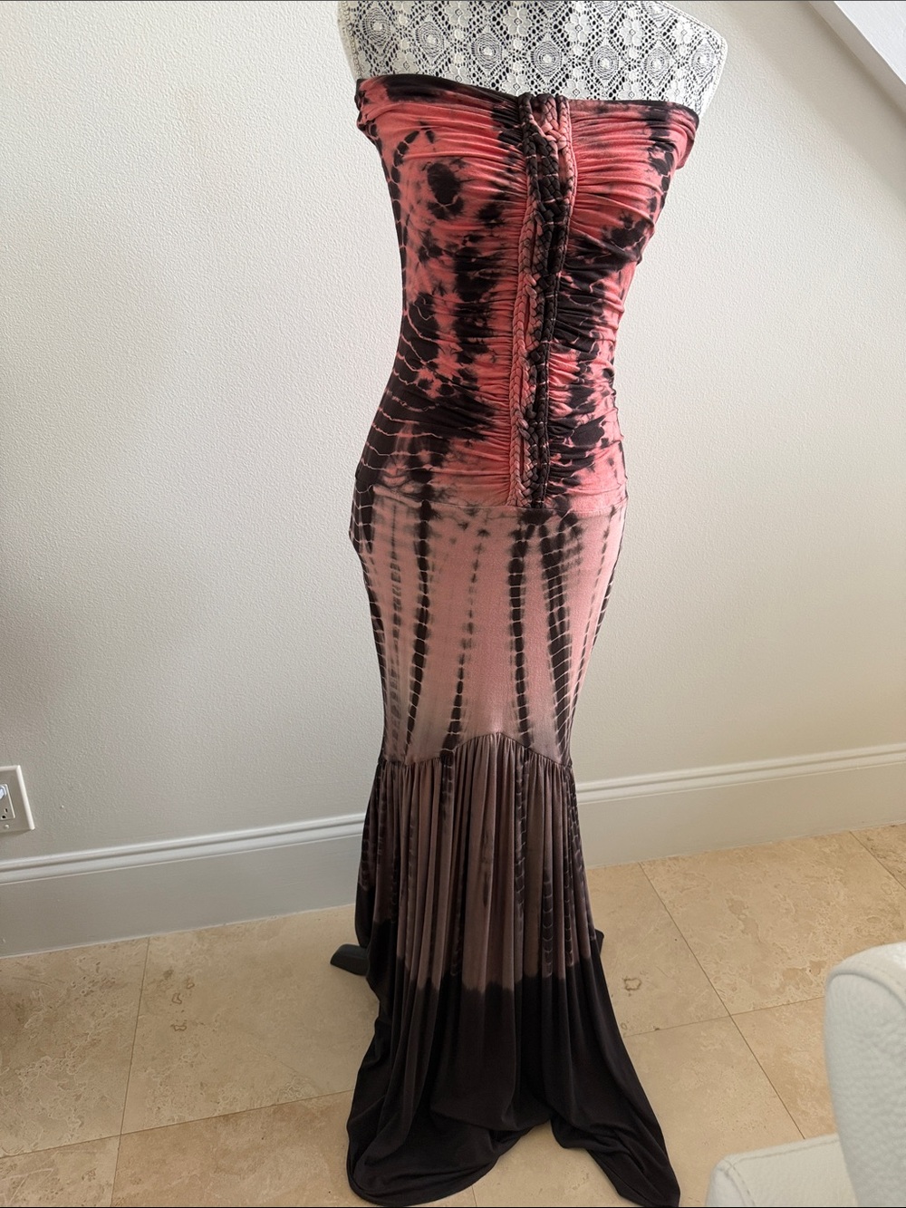 Y2K Sky Strapless Tie-Dye Maxi Dress in Coral and Brown